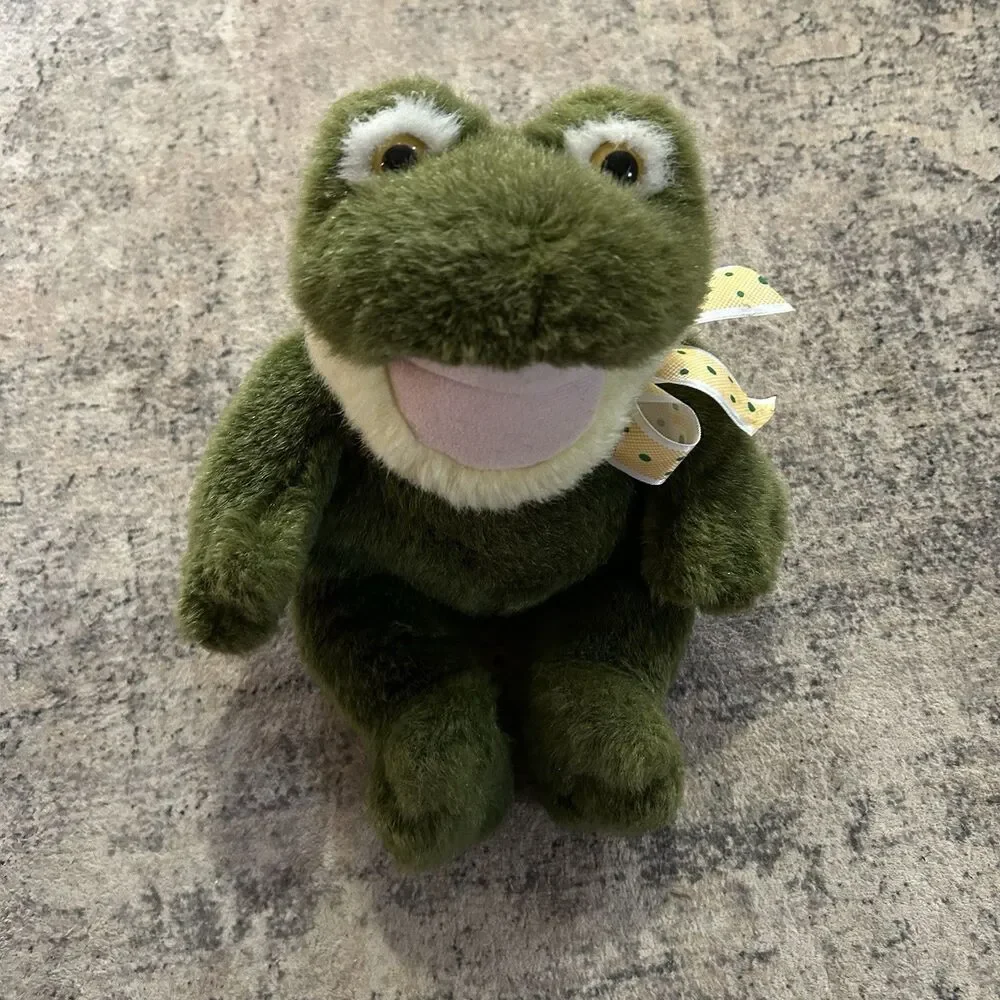 Mary Meyer Vtg 1996 Croaking Wide Mouth Green Frog Plush Stuffed Animal W/ Bow